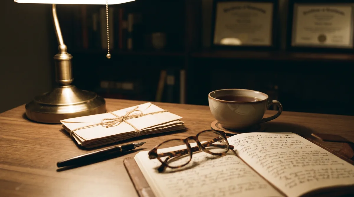 Fountain pen, folded letters and reading glasses on an evening desk — taking the time to read before deciding