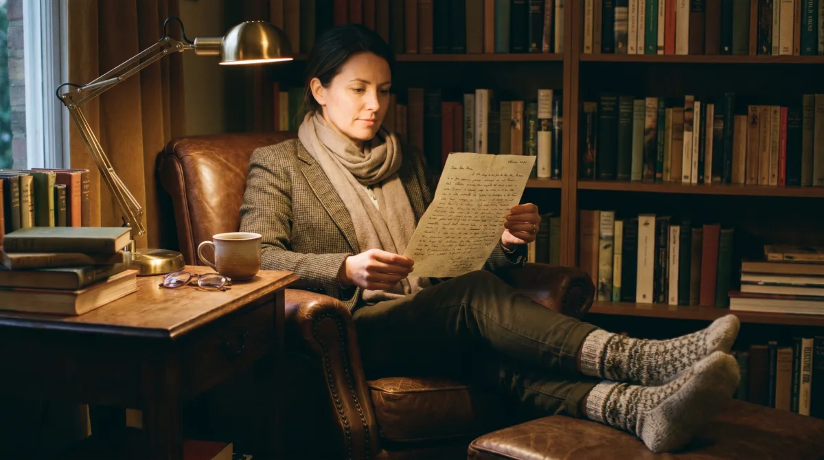 A professional reading a long, considered written profile in a quiet evening study — depth over the quick swipe