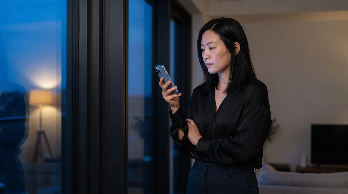 A woman standing by a dark window at dusk, phone in hand, looking at the screen without typing