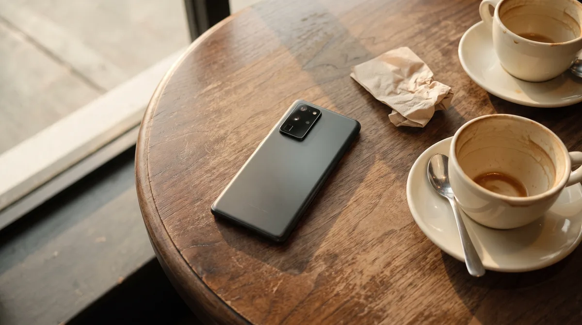 A phone lying face-down on a wooden table beside two empty coffee cups in low evening light