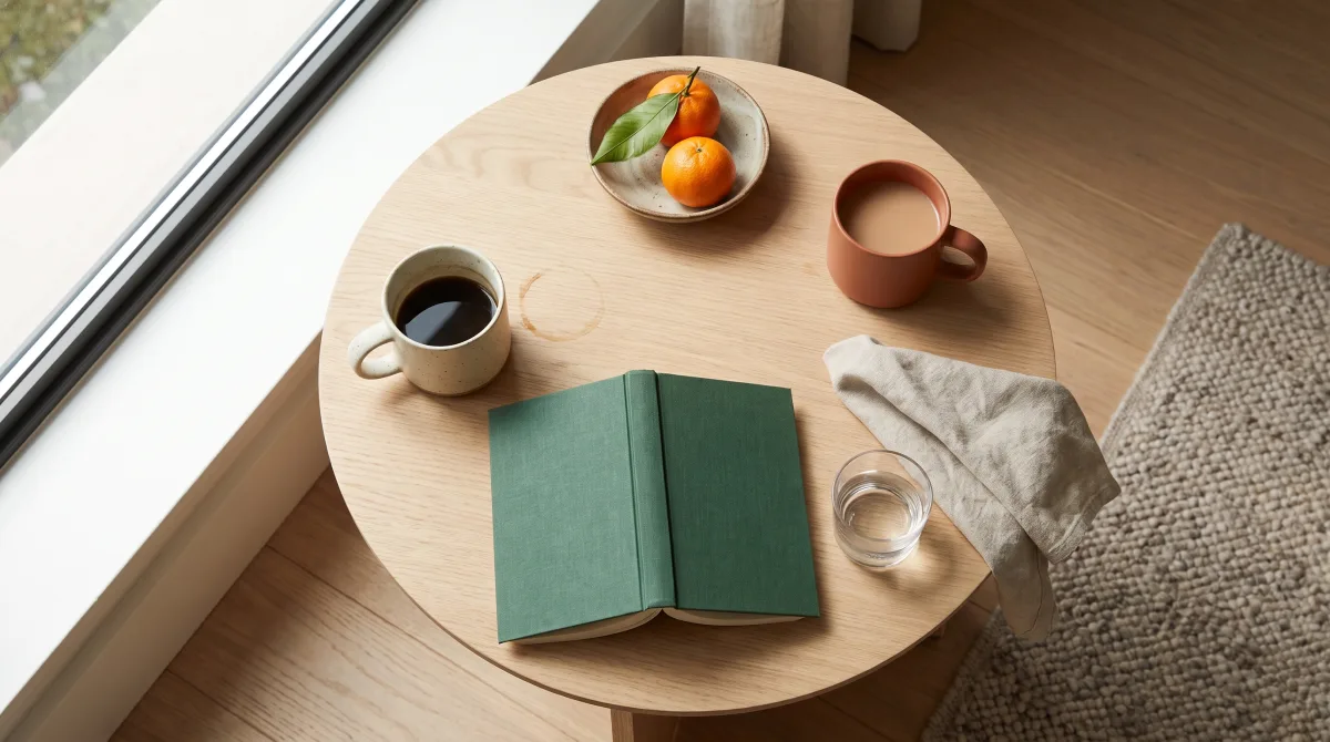 Two mugs on a home table with an open book resting between them, no one at the table