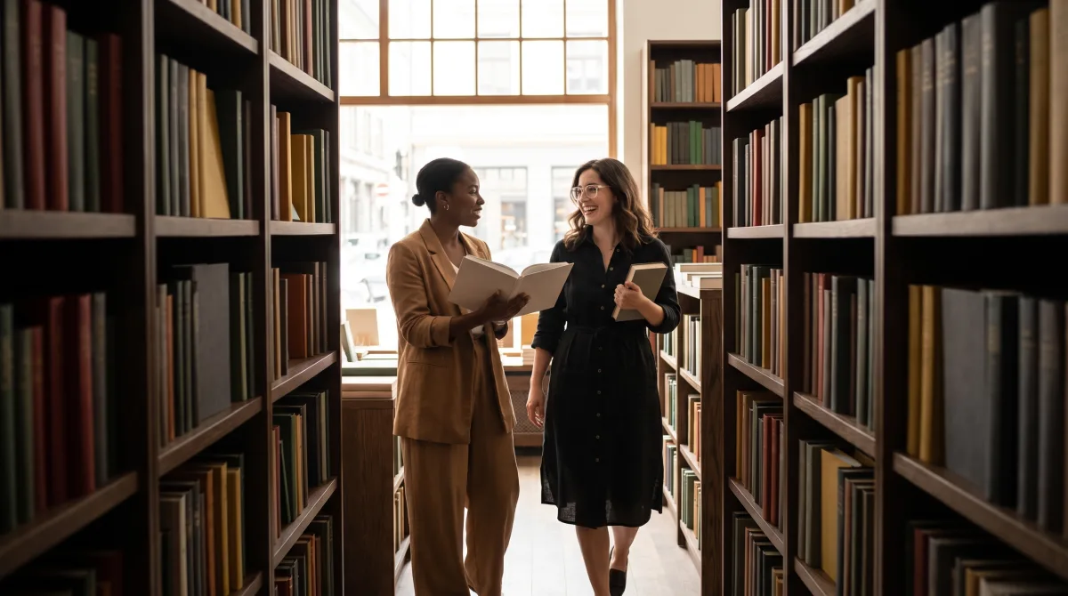 Two women standing close together between bookshop shelves, mid-conversation and smiling
