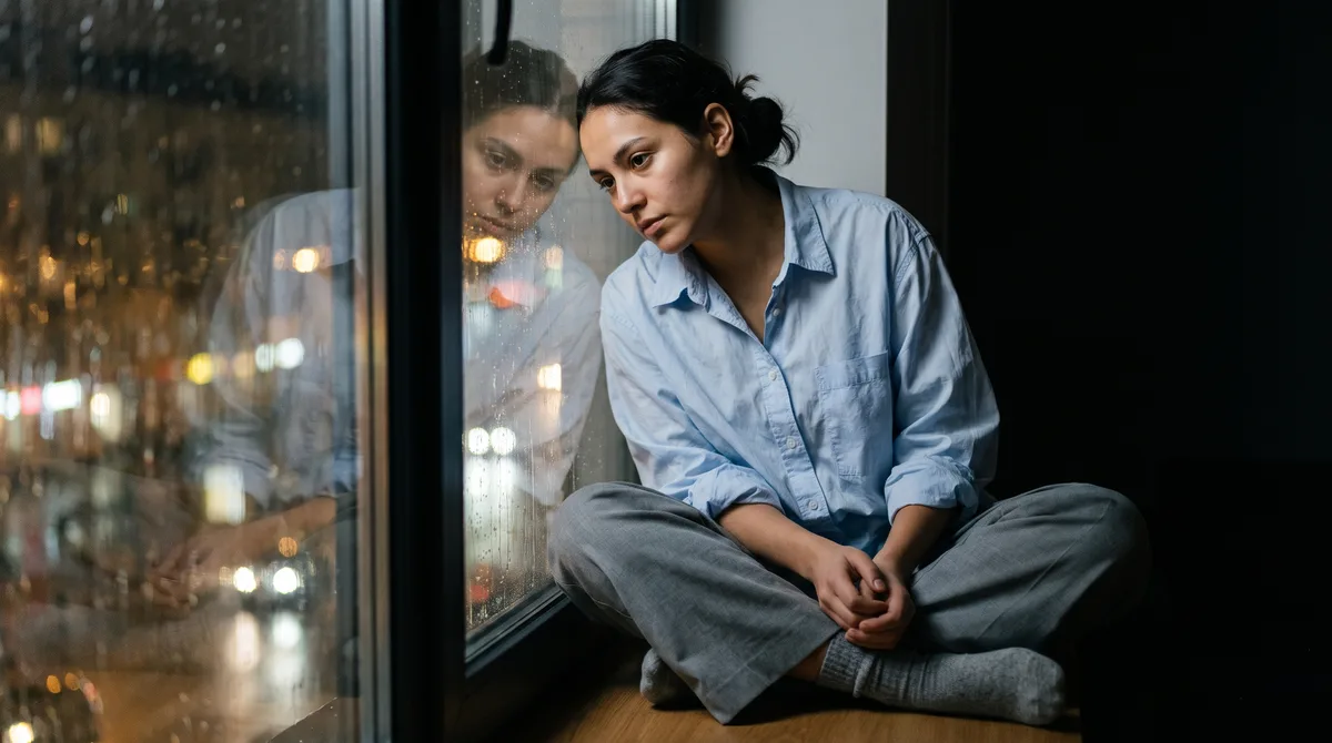 A young woman sitting cross-legged on a windowsill at night, head tilted toward the rain-streaked glass, city lights blurred beyond her, wool socks visible where her legs are tucked under her