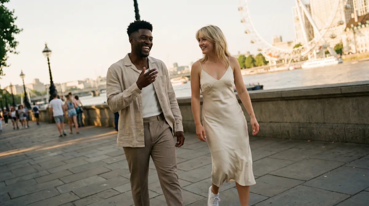 A diverse young couple walking London's Southbank by the Thames in summer