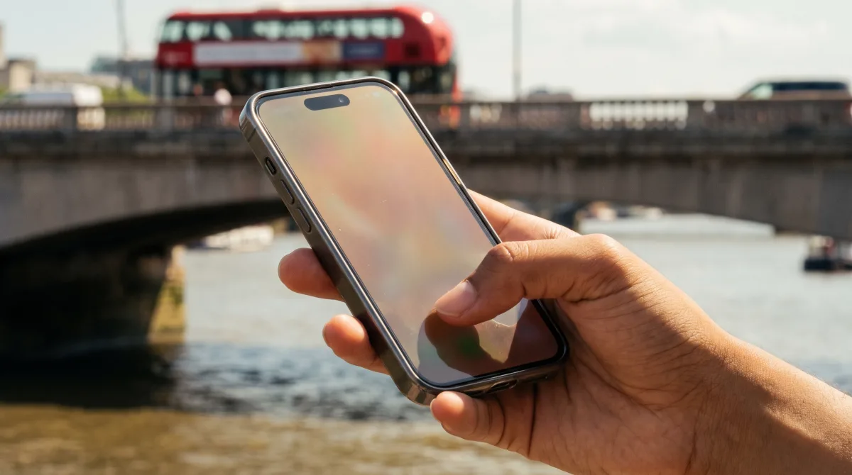 A hand holding a phone on a bridge over the Thames in London in summer
