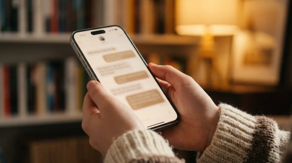 Close-up of young hands cradling a phone showing a warm blurred message thread by a lamp-lit bookshelf