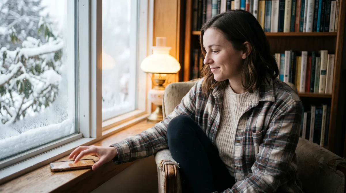A content young person in a cozy window nook reaching for a phone with a hopeful smile in soft winter light