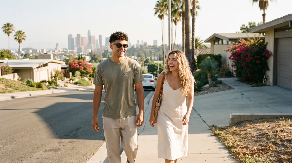 A stylish young couple walking a palm-lined hillside street in Los Angeles in summer