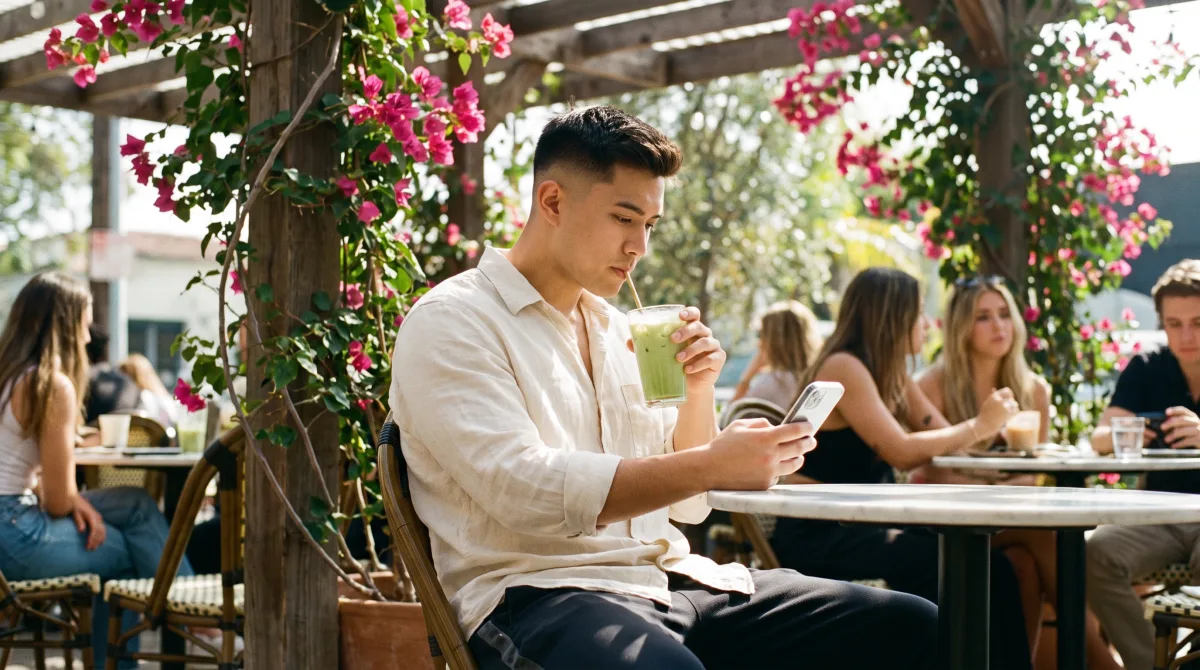 A young man at a sunny café patio in Los Angeles in summer