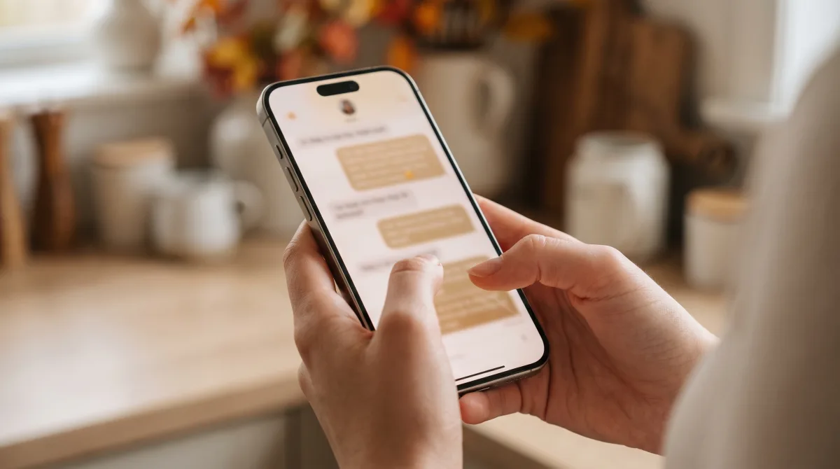 Close-up of young hands holding a phone whose screen is flooded with a softly blurred stack of message notifications