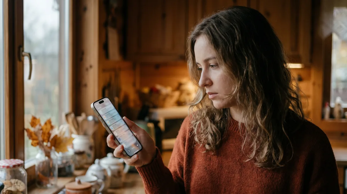 A young woman in a kitchen holding her phone at a slight distance with a wary expression as it fills with messages