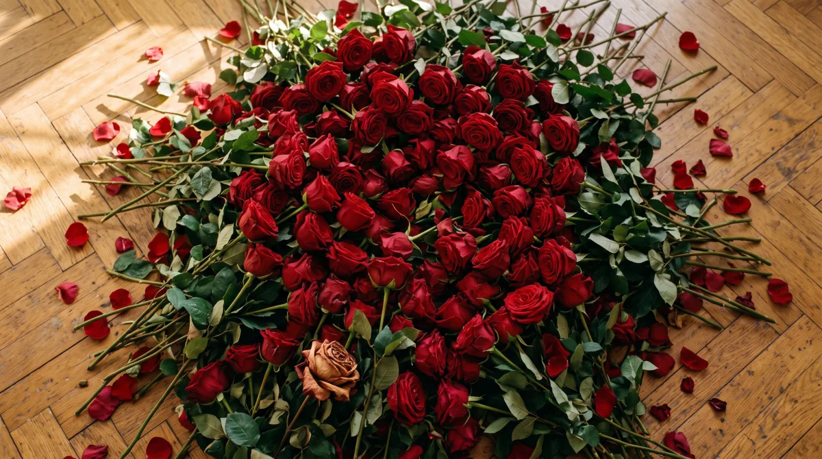 An armful of red roses spilling across a warm parquet floor, one bloom already wilted at the edge of the frame