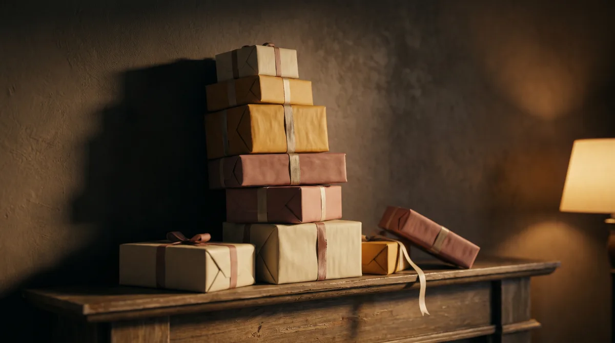 A mantelpiece crowded with unopened gift boxes stacked past the point of balance, lit by a single warm lamp