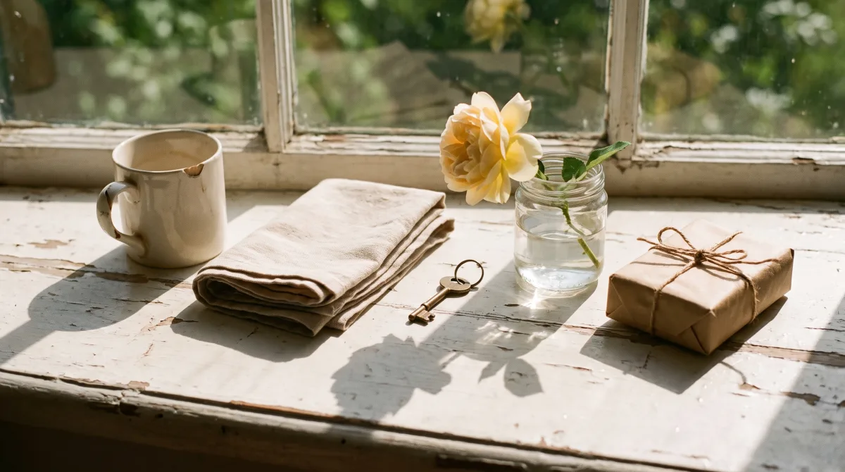 Five small everyday objects — a chipped mug, a folded scarf, a key on a ring, a flower stem in a jar, a parcel tied with string — arranged on a sunlit windowsill