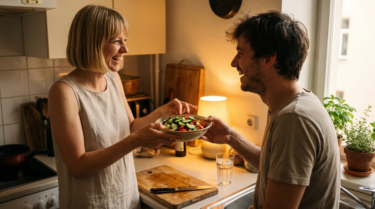 Two people cooking together in a small kitchen on a summer evening, one laughing while handing the other a bowl