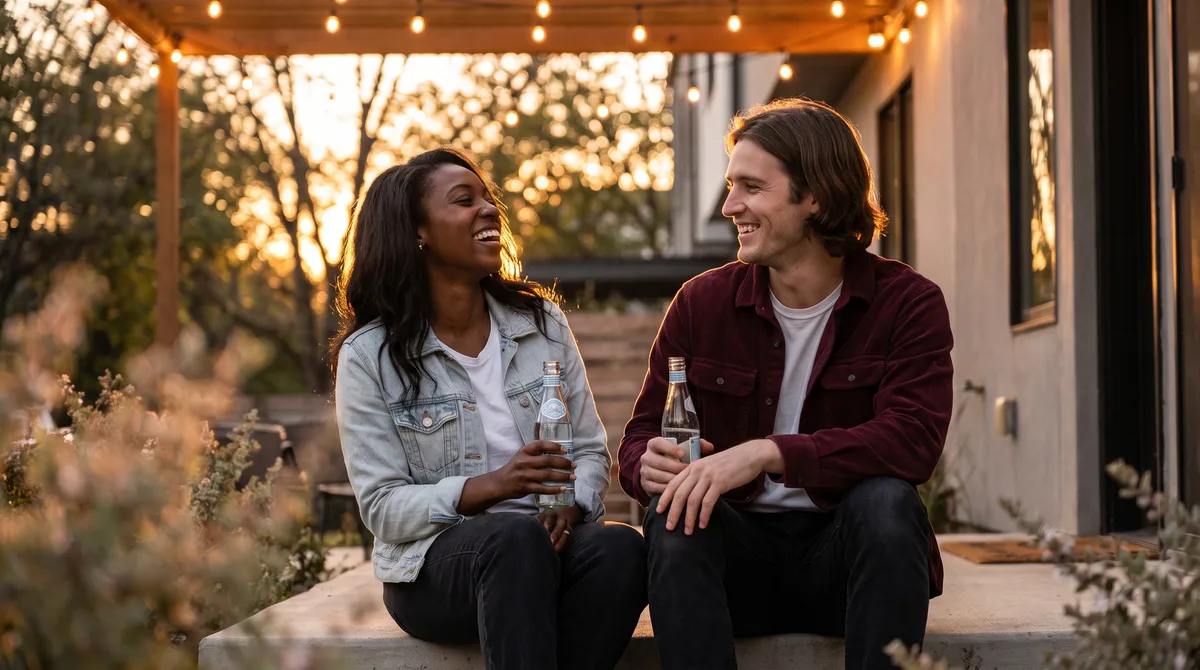 Two people sitting close together on a porch step at dusk, one mid-laugh, string lights glowing above them