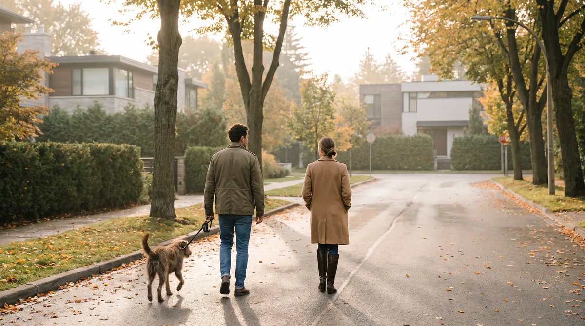 A couple walking a dog along a quiet residential street in early morning light, several relaxed paces apart