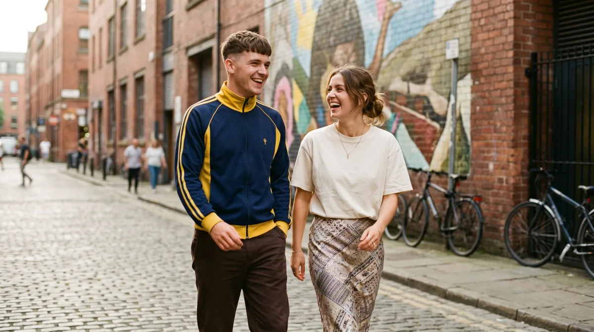 Two stylish friends walking Manchester's Northern Quarter in summer