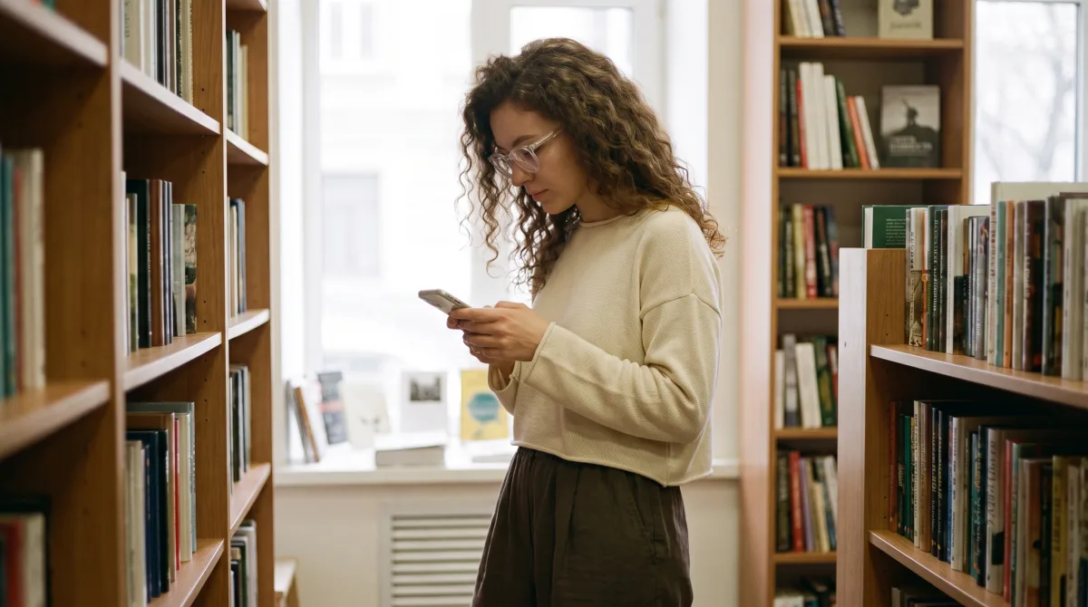 A young woman reading a long profile on her phone while browsing a bookshop