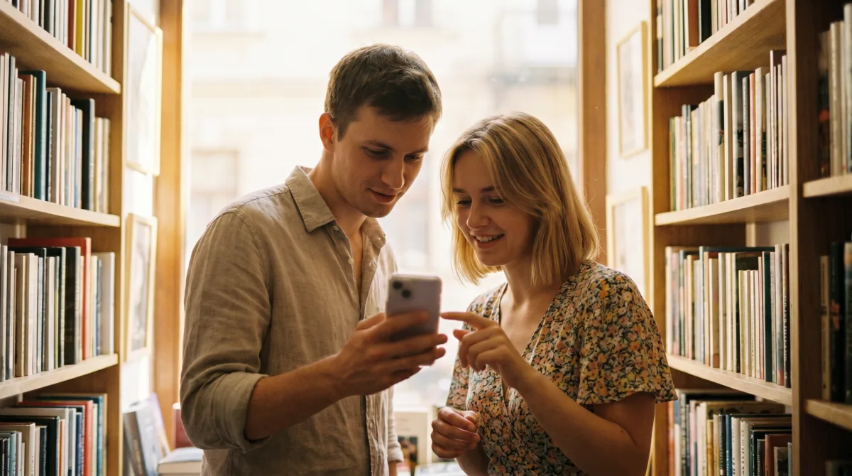 Two people browsing bookshop shelves, one showing the other a phone