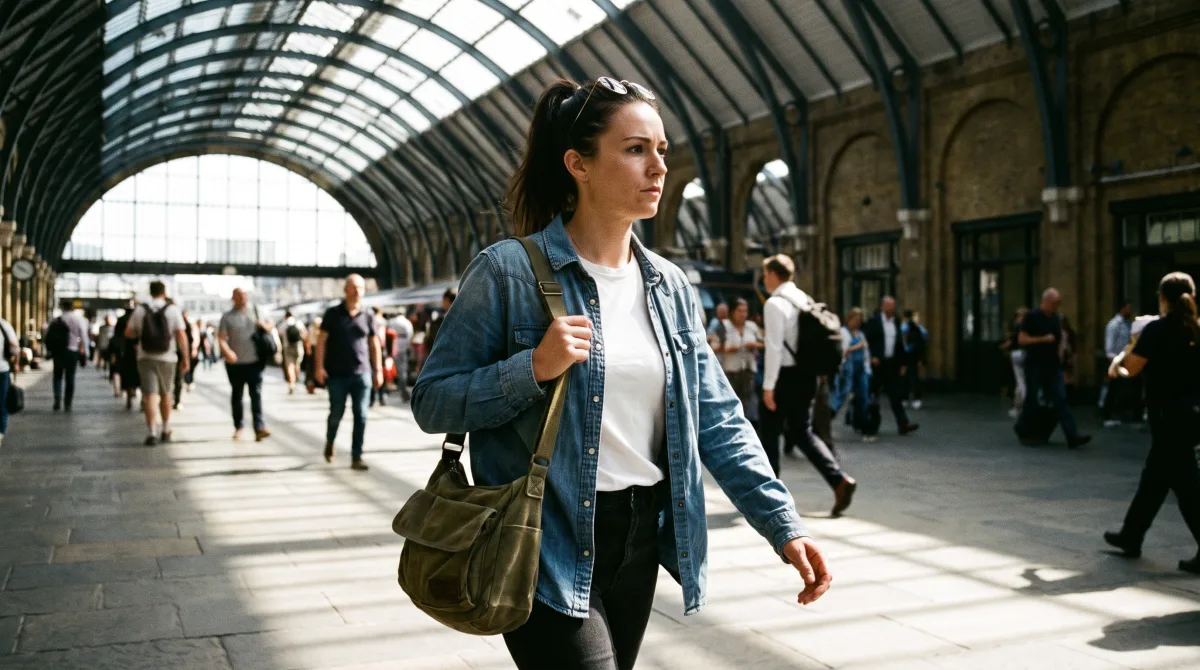 A woman walking briskly through a sunlit train station concourse, one small travel bag over her shoulder, eyes forward