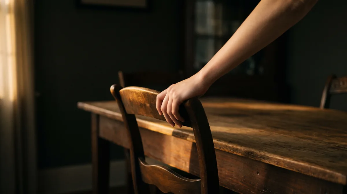 A hand pulling a chair in closer to a table set for an evening gathering