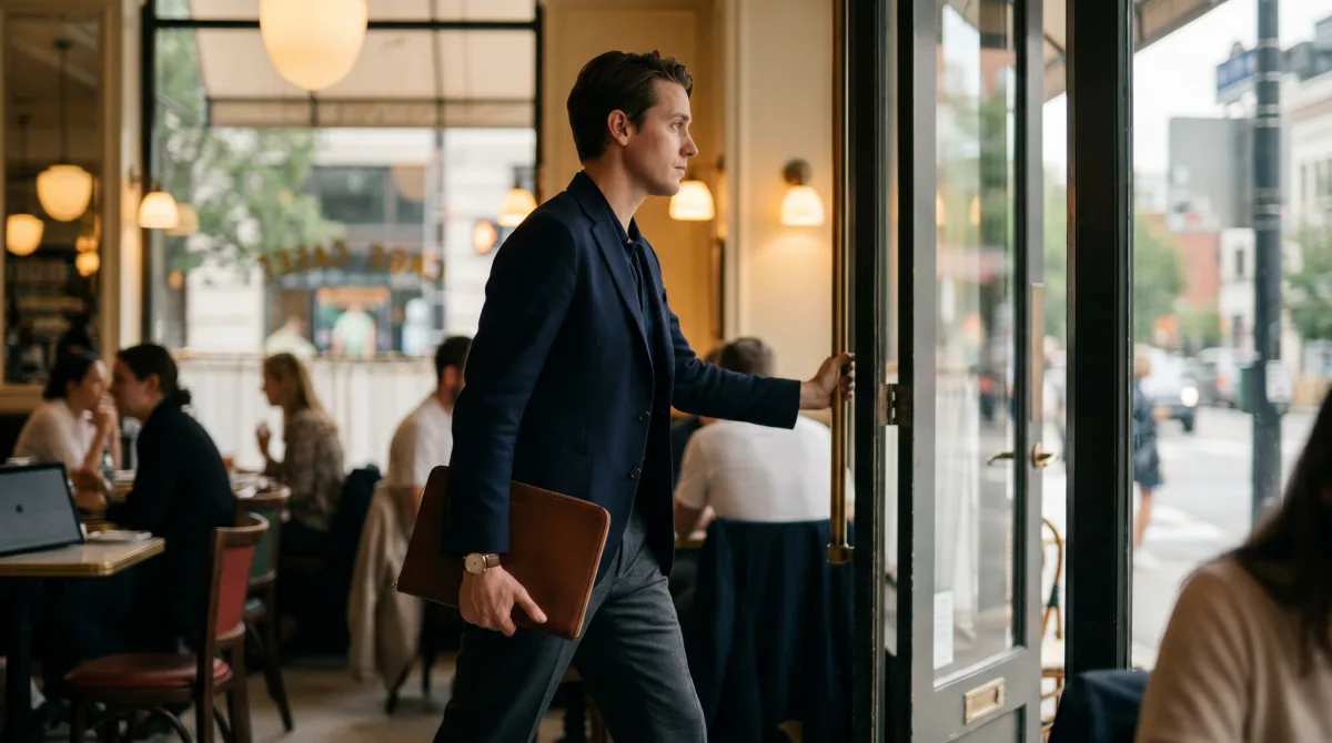 A poised professional walking into an elegant café for a meeting, folio in hand, in warm daylight