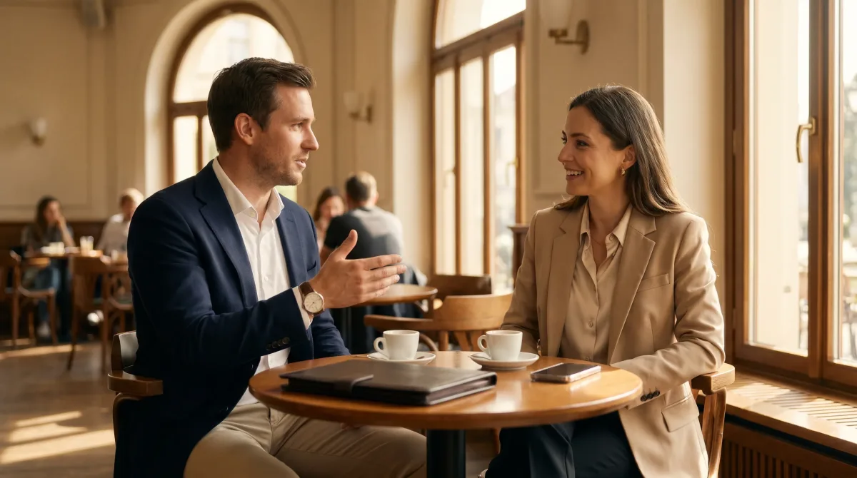 Two well-dressed professionals meeting warmly across a café table in golden-hour light