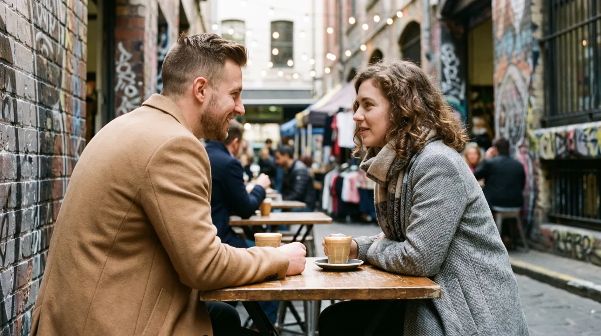 A stylish young couple at a Melbourne laneway café on a cool winter afternoon