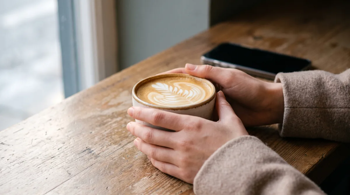 Hands cradling a flat white with latte art at a Melbourne café in winter