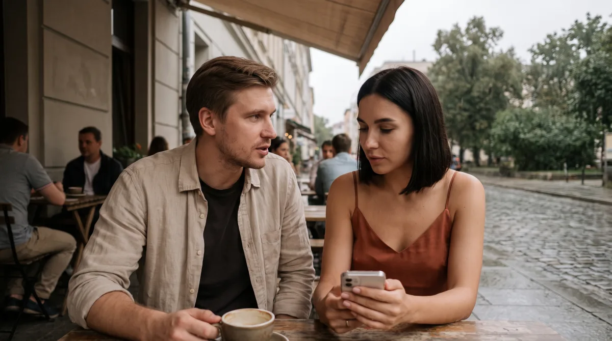 Two people at a café terrace table on a grey late-August afternoon, one mid-sentence while the other angles a phone out of view