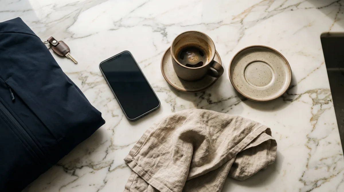 A phone lying face-down on a marble kitchen counter beside two coffee cups left mid-use
