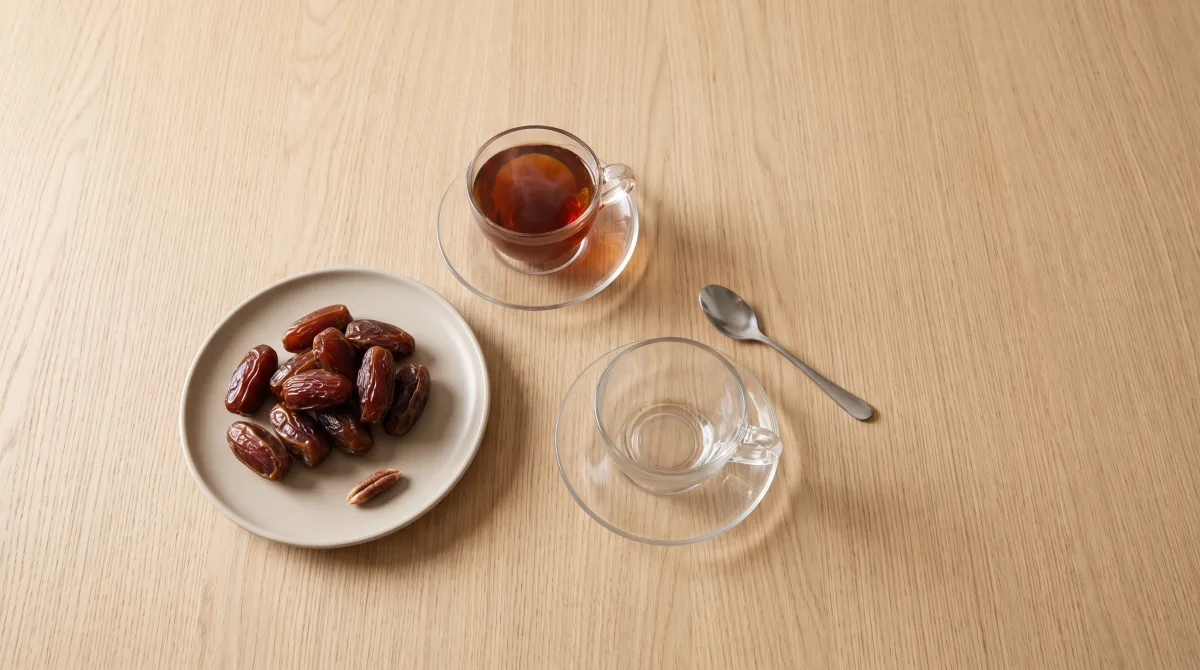 Overhead view of a small plate of dates beside two cups on a bare table