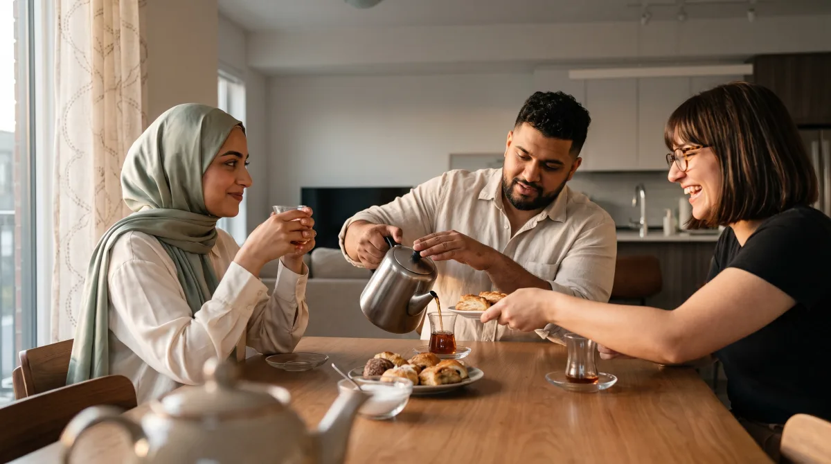 Three people sitting at a family table with tea, mid-conversation in warm evening light