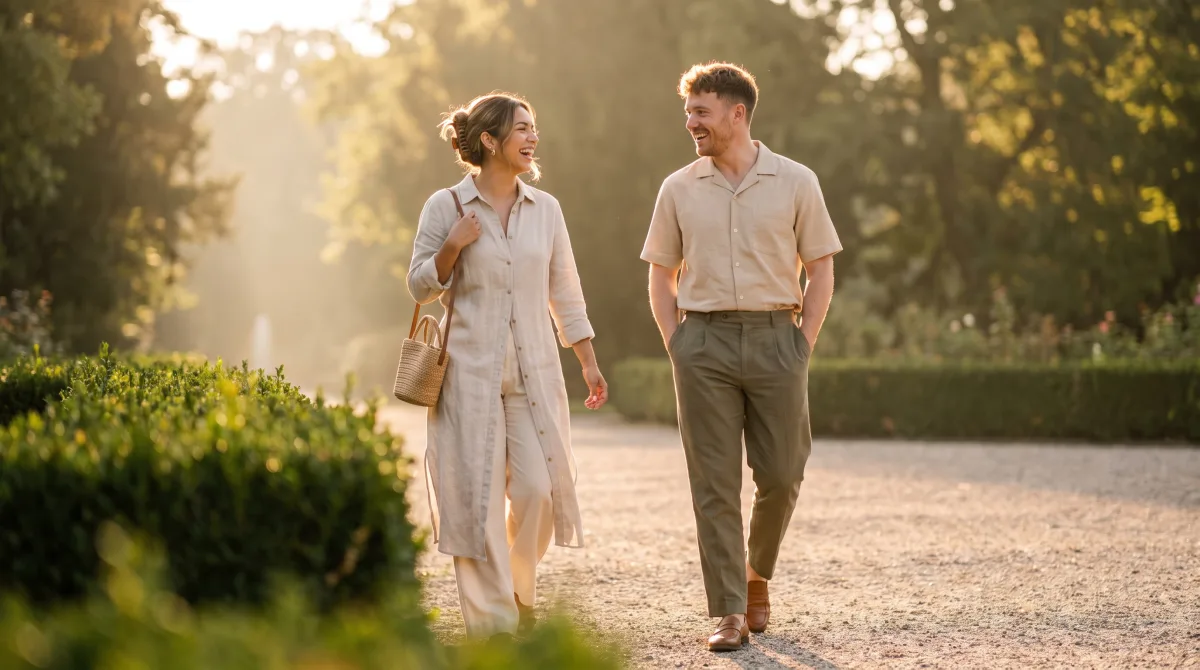 Two people walking a garden path with a comfortable amount of space between them