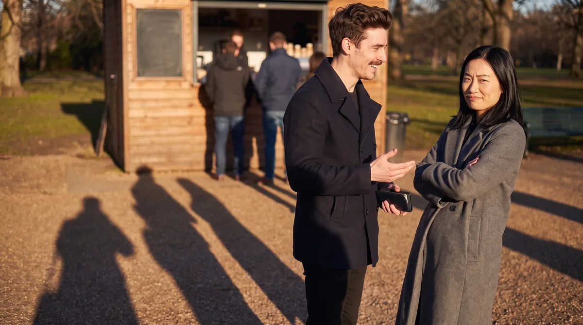 A man and a woman standing in a short queue at a park coffee kiosk in late-afternoon sun, he smiling and mid-sentence, she leaning back slightly with her arms folded and one eyebrow raised