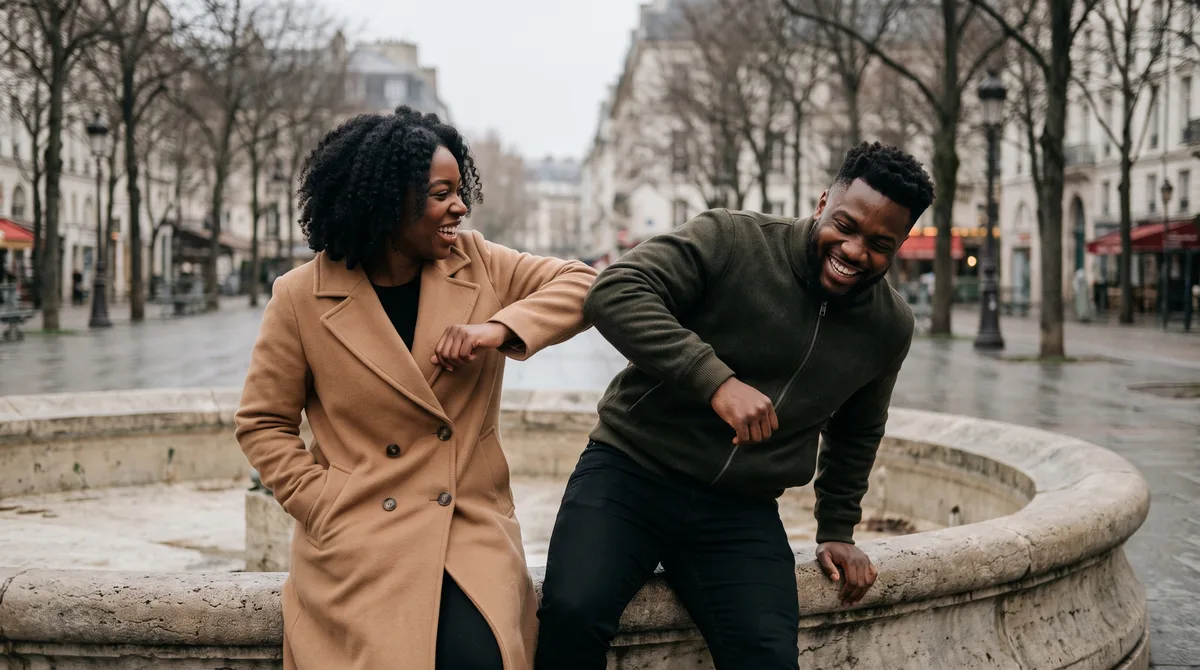 Two friends in their thirties laughing on the stone rim of a dry fountain in a city square in soft overcast light, one nudging the other with an elbow
