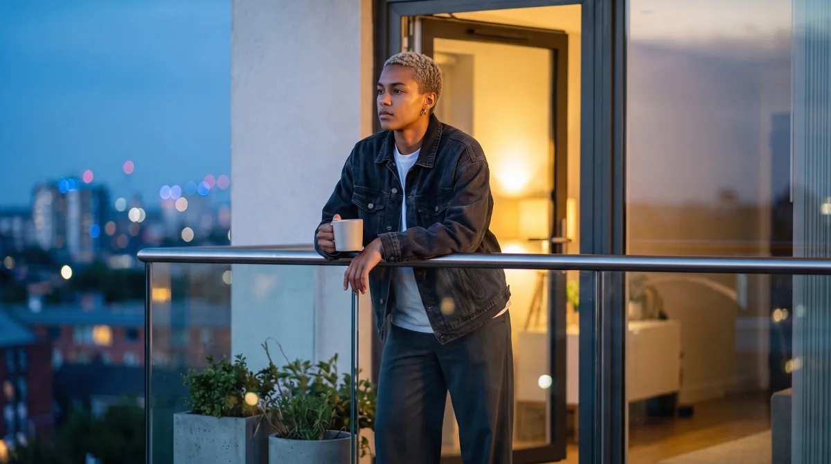 A person standing alone on a balcony in early evening light, calm and looking out at the view