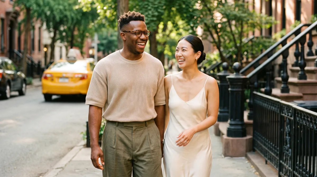 A stylish young couple walking a West Village brownstone street in New York in summer