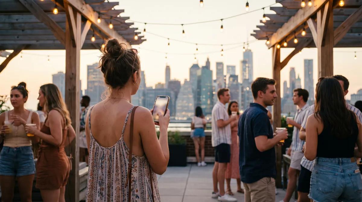 A young woman on a Brooklyn rooftop at dusk looking over the Manhattan skyline in summer