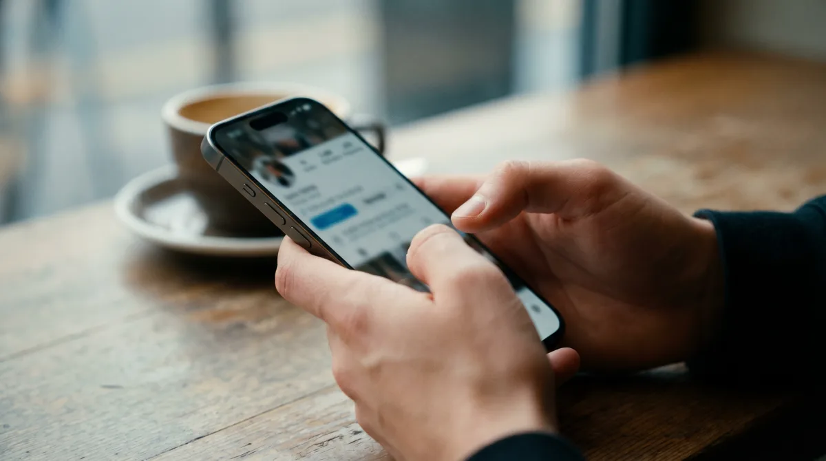 Close-up of young hands holding a phone showing a softly blurred dating profile being checked at a café