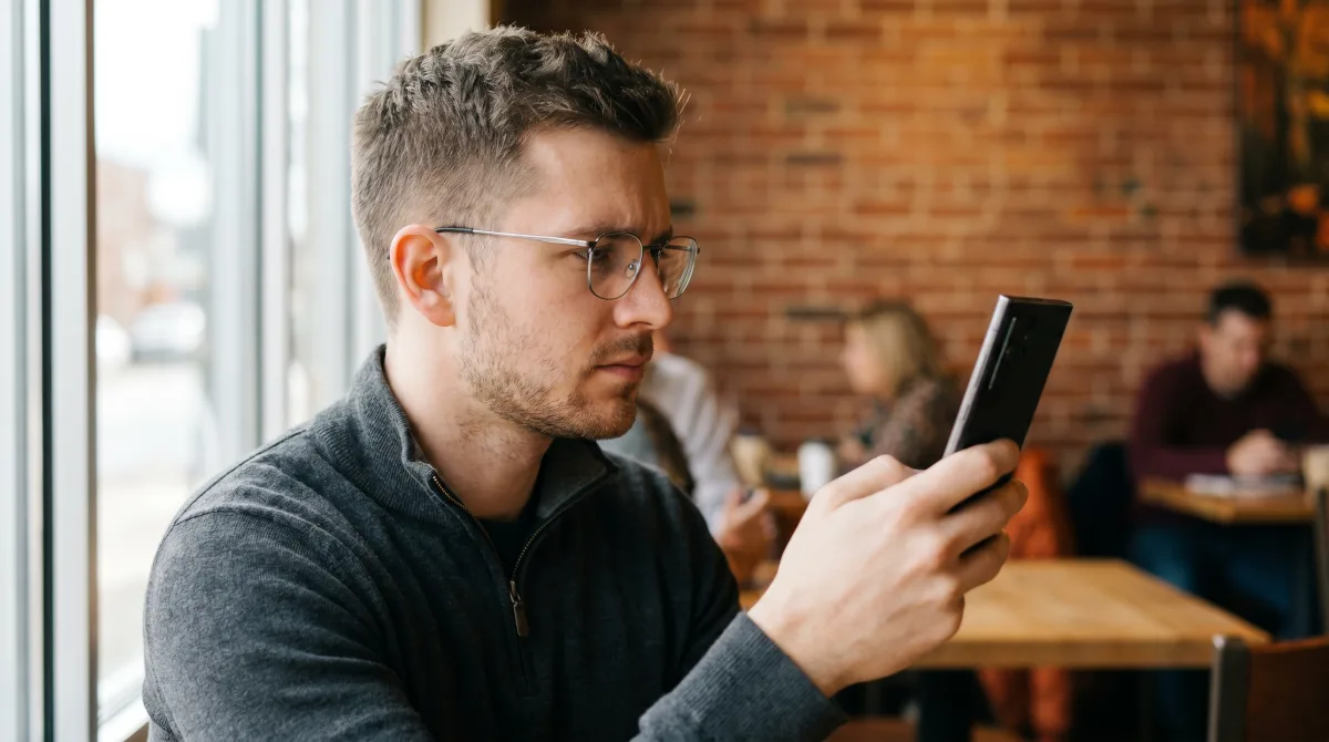 A fit young man in a café reading his phone with a careful, considered expression in soft window light