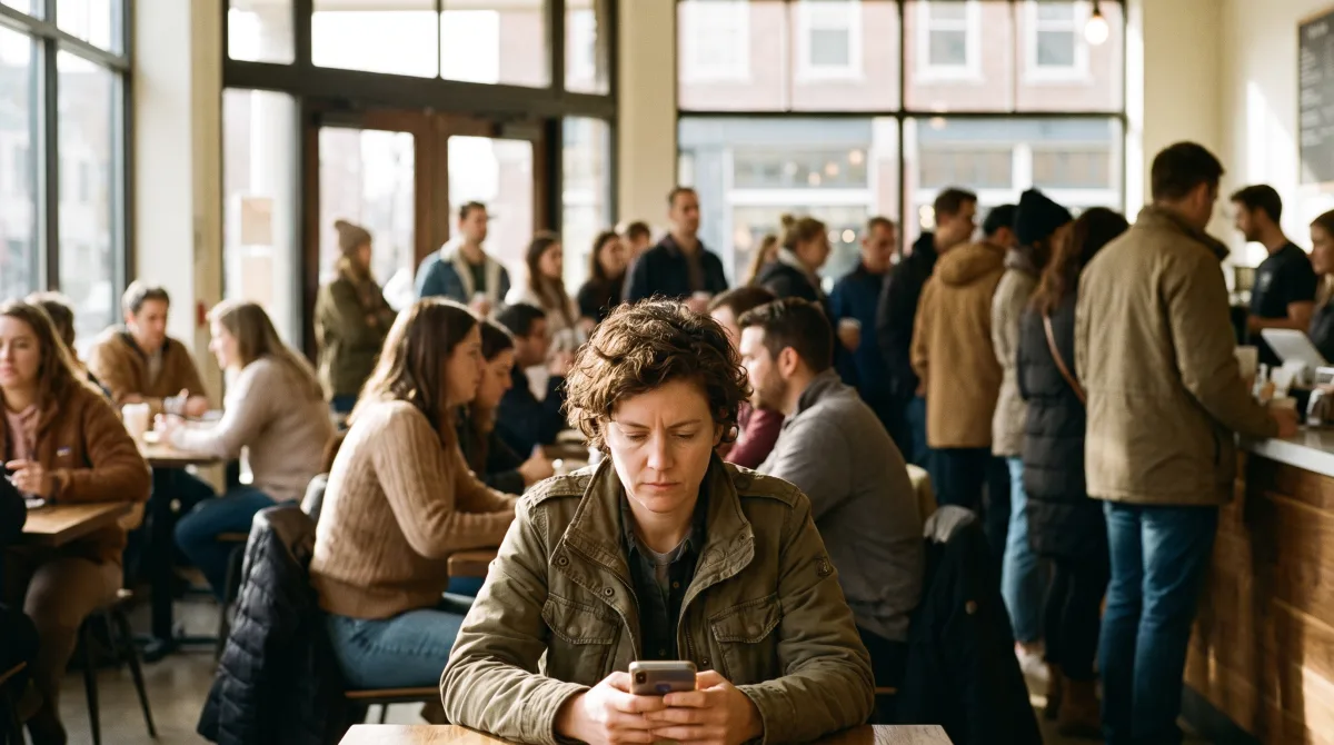 One person in sharp focus on their phone amid a lively midday café crowd of daters