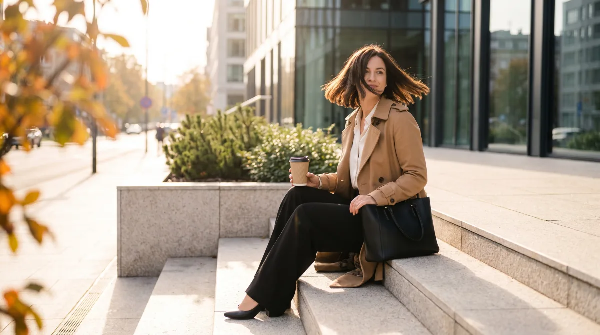 A woman sitting alone on a sunlit stone step in the late afternoon