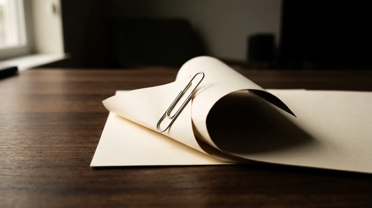 A paperclip resting on the curled corner of a blank page, nothing written on it