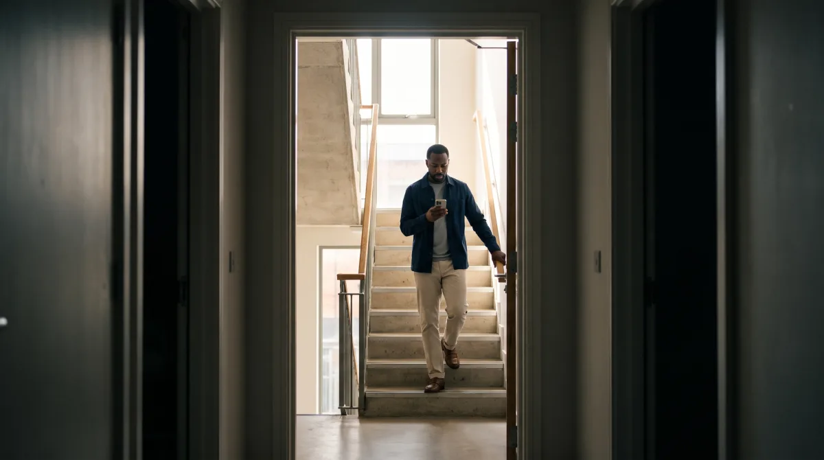A person paused halfway up a stairwell, phone in hand, deciding whether to answer