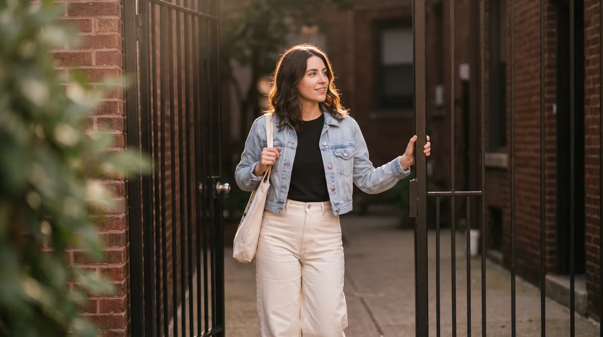 Someone stepping through a courtyard gate at dusk, caught mid-stride, unclear whether they are arriving or leaving
