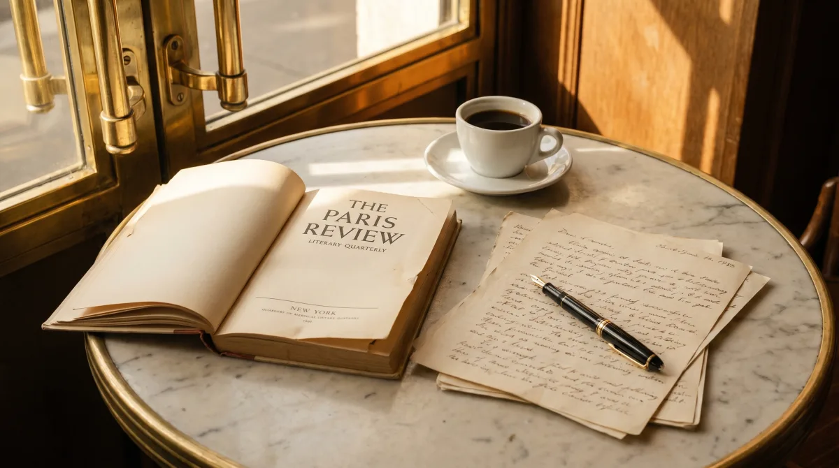 An open issue of The Paris Review beside handwritten manuscript pages and a fountain pen on a sunlit café table — prose read as character