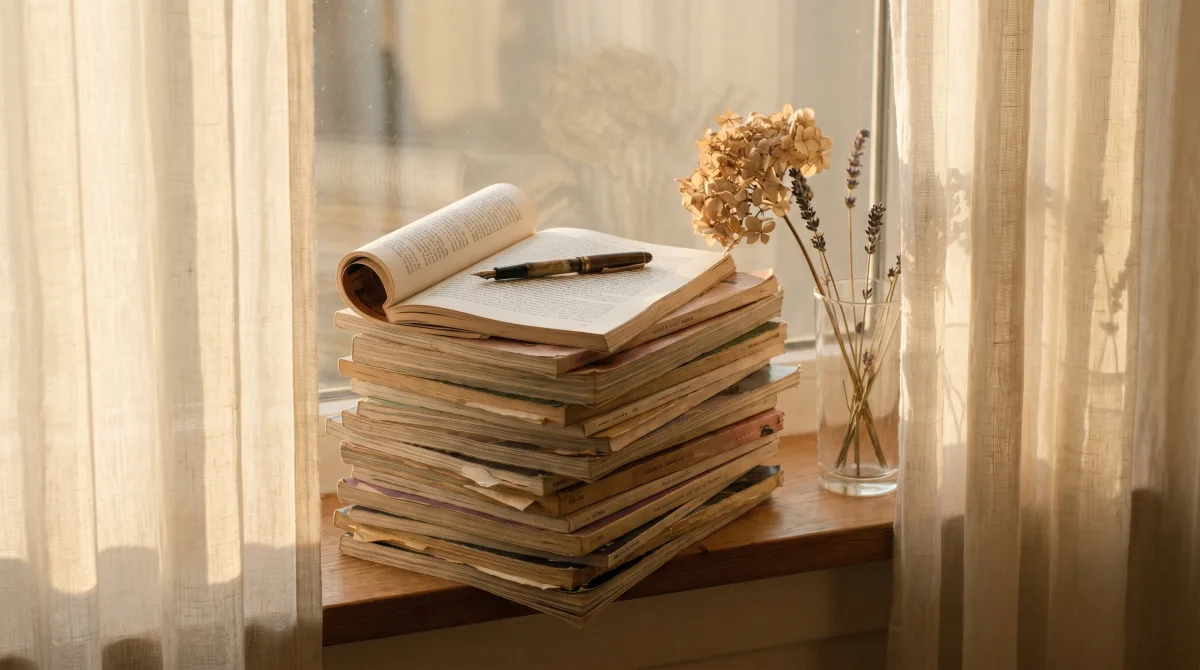 A tall stack of well-read literary magazines on a sunlit windowsill with a fountain pen across an open page — slow reading as a habit