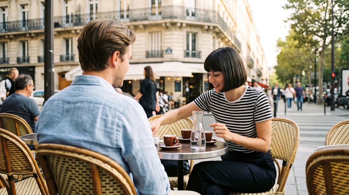 A chic young Parisian couple at a café terrace on a Haussmann boulevard at golden hour in summer